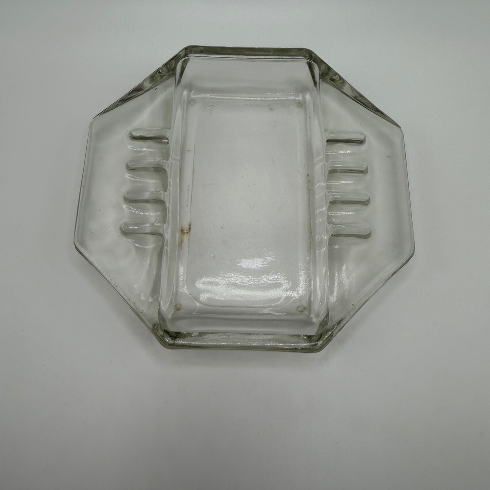 Vintage Clear Glass Hexagon Ashtray Textured Bottom 8 Cigarette Rests Heavy MCM